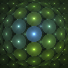 Poster - Abstrct Background. Glowing air balloons and a large sphere. Symmetrical pattern. Digital Art. Technologies of fractal graphics.