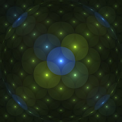 Poster - Abstrct Background. Glowing balloons and a large sphere, Symmetrical pattern. Digital Art. Technologies of fractal graphics.