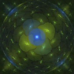 Poster - Abstrct Background. Glowing balloons and a large sphere under the water, Symmetrical pattern. Light and motion theme. Digital Art. Technologies of fractal graphics.