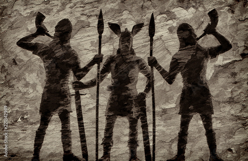 Fotomural Old Norse God Odin with a long sword in his hand and two guards-spearmen trumpet