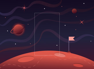 Flag in space.Milky Way. Red planet landscape vector illustration. Background with place for text. Surface of the planet craters. Space decoration design.Stars and comets on starry background.Mars