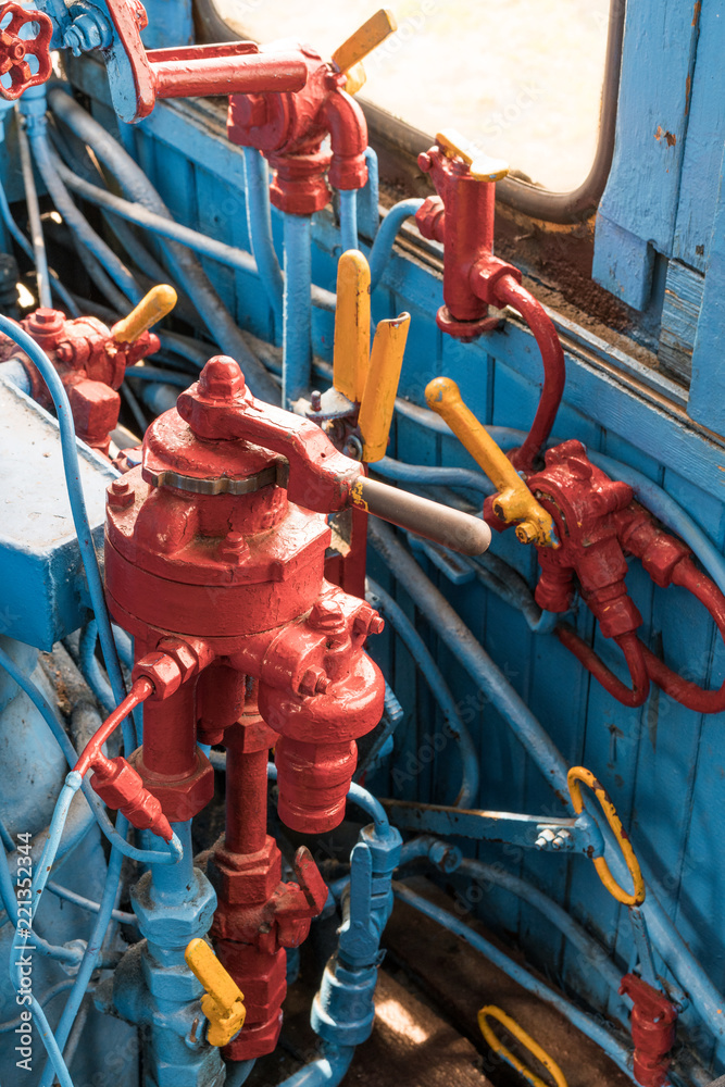 Mechanism of locomotive control panel on steam train.Old vintage ...