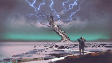 Hiker Looking At Lightning Above The Giant Tree, Digital Art Style, Illustration Painting
