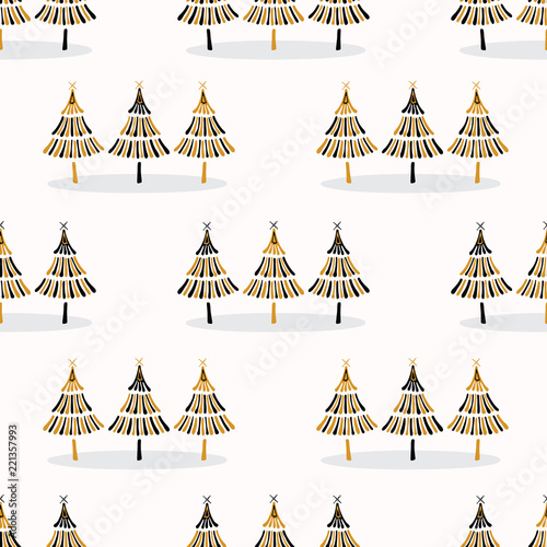 Fotografiet Festive Christmas Trees Star Pattern, Hand Drawn Seamless Vector Backdrop, Folk