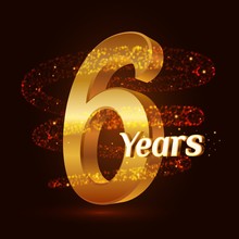 6 Years Golden Anniversary 3d Logo Celebration With Gold Glittering Spiral Star Dust Trail Sparkling Particles. Six Years Anniversary Modern Design Elements. Vector Illustration.