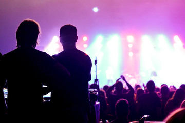 Wall Mural - Sound and lighting technicians and the crowd in a concert