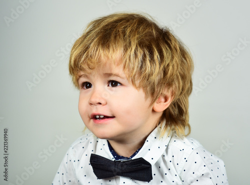 Little Boy Closeup Portrait Cute Stylish Boy In White Shirt Bow