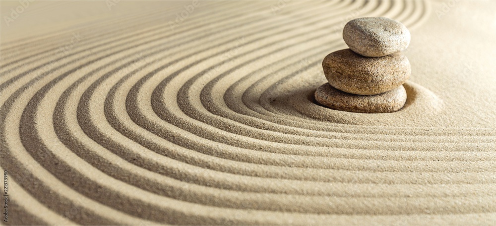Japanese zen garden with stone in raked sand - obrazy, fototapety, plakaty 