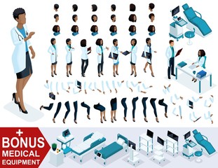 Wall Mural - Isometric Woman Doctor African American, create your 3D surgeon, sets of gestures of the feet, hands and emotions. Bonus medical equipment, set 4