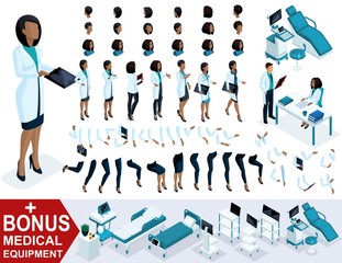 Wall Mural - Isometric Woman Doctor African American, create your 3D surgeon, sets of gestures of the feet, hands and emotions. Bonus medical equipment, set 2