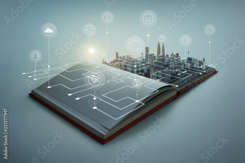 Fotografía Beautiful scene of modern city skyline pop up in the open book pages with smart home controlled wireless connections iot automation system