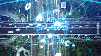 Poster - Social infrastructure and communication technology concept. IoT(Internet of Things). Autonomous transportation. 
