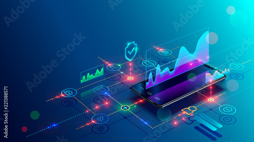 Cuadros en Lienzo Application of Smartphone with business graph and analytics data on isometric mobile phone