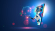 © AndSus - Artificial intelligence provide access to information and data in online networks via smartphone. AI in the form of woman cyborg or bot coming out of the screen phone and offers to use digital mind