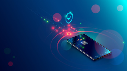 mobile payment concept isometric banner. security and protection contactless payment or via mobile p