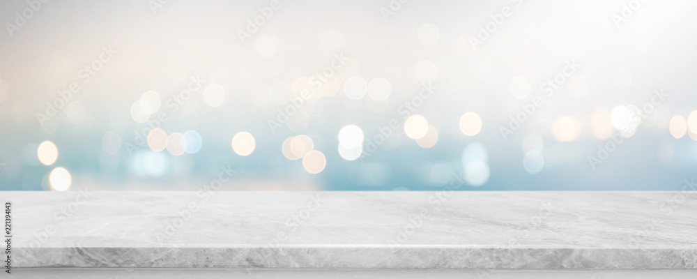 Empty white stone marble table top and blurred abstract bokeh light banner background - can used for display or montage your products. - obrazy, fototapety, plakaty 