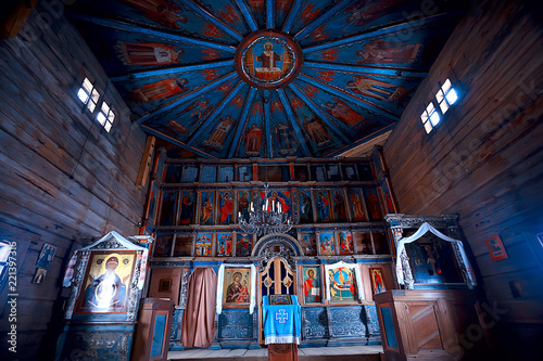 Interior In Russian Wooden Church Orthodox Wooden