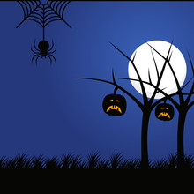 Hallowen Background With Silhouette Tree, Spider And Pumpkin Scary Vector Illustration