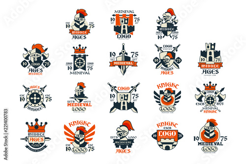 Medieval logo design set, middle ages vintage emblem vector Illustrations Tableau sur Toile