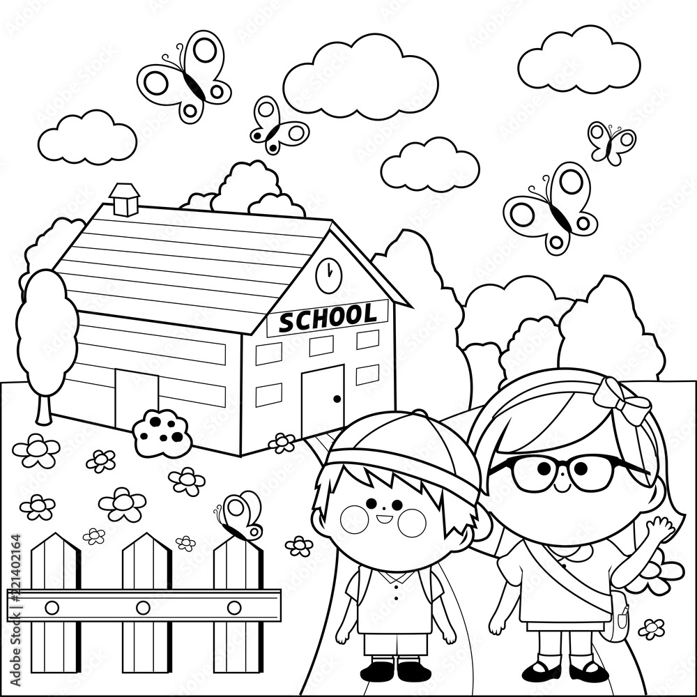 Children students at school. Vector black and white coloring page Stock ...