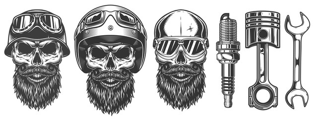 Canvas Print - Set of skulls in the biker equipment