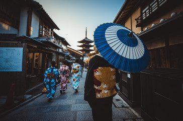 Wall Mural - Beautiful japanese senior woman walking in the village. Typical japanese traditional lifestyle