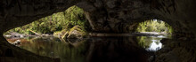 Panoramic View The Oparara River Flowing Through The 219 Metre Long Moira Gate Arch. In The Kahurangi National Park, West Coast, New Zealand.