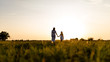 rear view of mother and daughter walking in green field with sunset on background