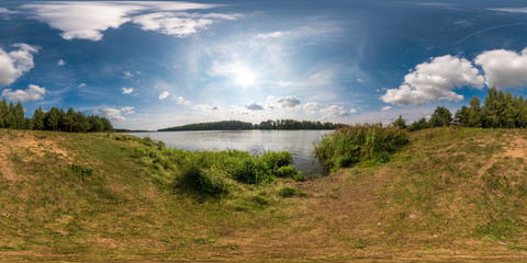 Wall Mural - full seamless spherical panorama 360 by 180 angle view on the shore of width river neman in sunny summer day in equirectangular projection, ready VR virtual reality content