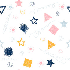 Abstract handmade seamless pattern background. Childish handcrafted wallpaper for design card, baby nappy, diaper, scrapbook, holiday wrapping paper, textile, bag print, t shirt etc.