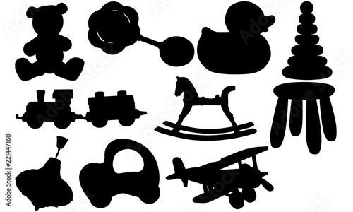 Download Baby Toys Silhouette Svg Cricut Clipart Vector Eps Cut File Png Ai Teddy Bear Rattle Duck Rocking Horse Train Plane Top Car Stock Vector Adobe Stock