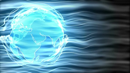 Poster - Organic blue strings surrounding a slowly growing blue Earth globe. Technology, science and engineering motion background. Depth of field settings. 3D rendering.