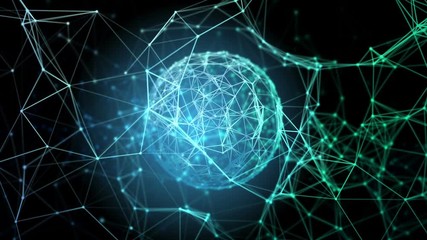 Poster - Blue plexus structure being pushed by plexus sphere growing. Organic motion, flickering lights. Abstract science, technology and engineering motion background. Depth of field settings. 3D rendering.