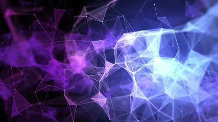 Poster - Blue and purple plexus structure in organic motion and flickering lights in the background. Abstract science, technology and engineering motion background. Depth of field settings. 3D rendering.