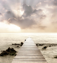 Wood Bridge On The Sea Which Has Walk Way For Travel With Beautiful Sky And Sunshine Background.