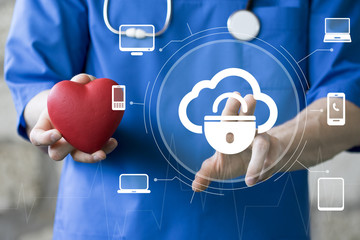 Wall Mural - Doctor pushing button cloud lock security healthcare network on internet virtual panel.