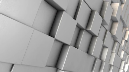 Poster - Abstract dynamic cube blocks wall with random motion. Realistic metallic texture. 3D rendering.