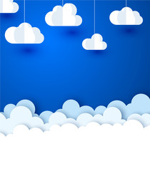 blue background with white paper decorative clouds.