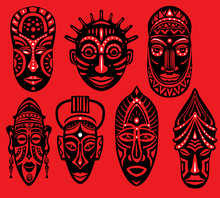 Set Of Tribal African Masks On Red Background