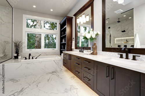 Master Bathroom Interior In Luxury Modern Home With Dark Hardwood