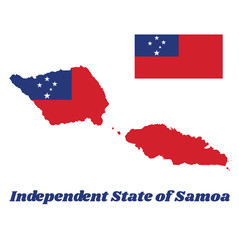 map outline and flag of samoa, a red field with the blue rectangle and white star. with name text in