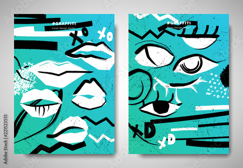 Cover/ invitation card template design, abstract hand drawn lips/ eyes and ar...