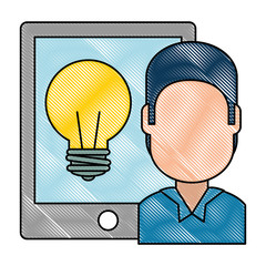 man with tablet electronic and bulb