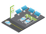 Fototapeta  - Isometric electric vehicle charging station with solar power concept, isolated vector
