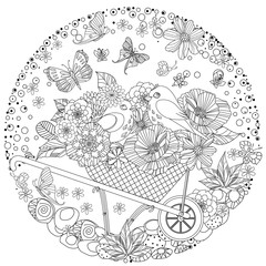 Wall Mural - floral circle ornament with cute birds for your coloring book