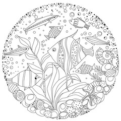 Wall Mural - marine circle ornament with cute fishes for your coloring book