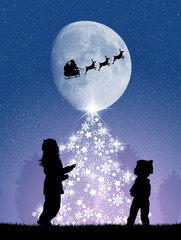 Wall Mural - children around the Christmas tree