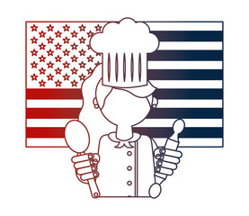 Poster - restaurant female chef with flag of USA and cookware