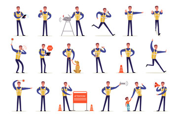 Sticker - Traffic officer in uniform with high visibility vest set, policeman standing at crossroads and making sign with his hands vector Illustrations