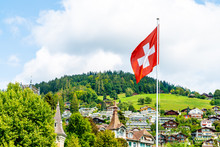 Swiss Flag With Blue Sky